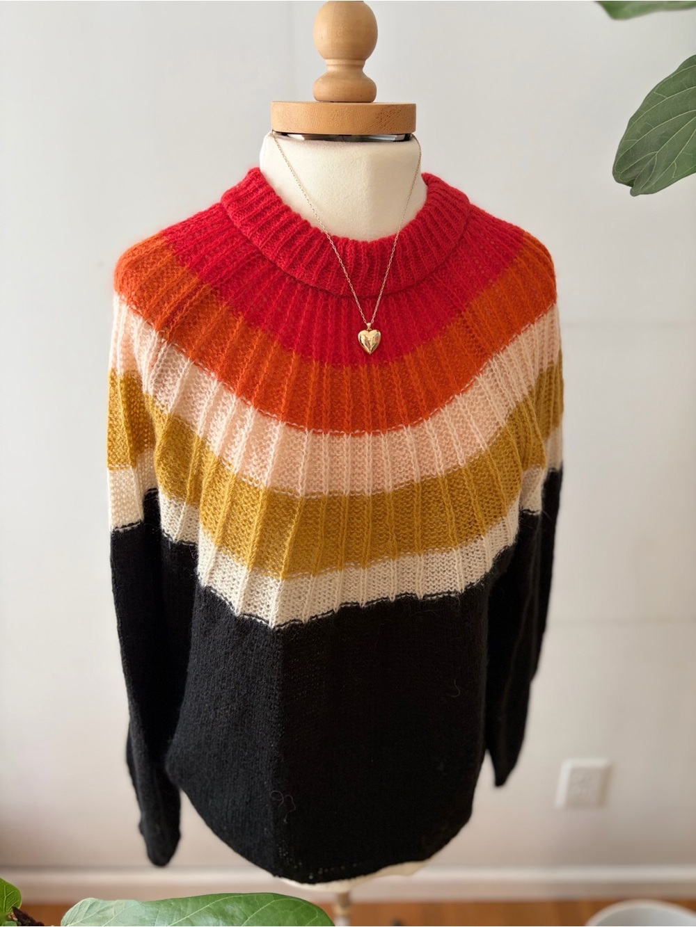 MANGO MNG Mohair Striped Yoke Sweater Black Red Orange Mustard Retro